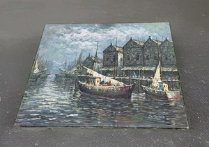 Original Ölgemälde auf Leinwand, Meereslandschaft, Boote Pier Village, signiert S. Tortora - Bild 1 von 8
