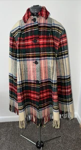 1970s Vtg  Wool Cream Green Red Plaid Scottish Tartan Cape Coat Wrap Cottage S/M - Picture 1 of 14