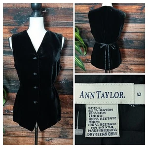 Ann Taylor Vest Size 6 Black Velvet Rayon Silk Tie Back Knot Button Vintage - Picture 1 of 12
