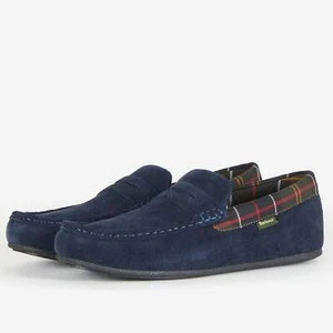 Barbour Mens Porterfield House Slippers Navy Blue / Tartan Suede Loafer Style