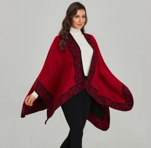 Designer PONCHO Wolle Rot Schwarz Umhang Damen Cape Überwurf Schal Winter warm - Bild 1 von 9
