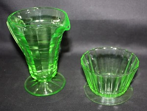HOCKING GLASS COMPANY BLOCK OPTIC GREEN CREAMER WITH SUGAR BOWL UNKNOWN MAKER - Picture 1 of 10