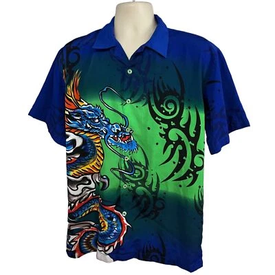 Camisa J/E/T STRTWR De Colección Para Hombres Azul Gráfico Llamas Dragón Abotonada XL Colorida Foto 1 de 4