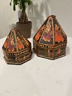 2 Indian Mughal Wood Marriage Nesting Boxes Octagonal Hand Painted 8" & 6"