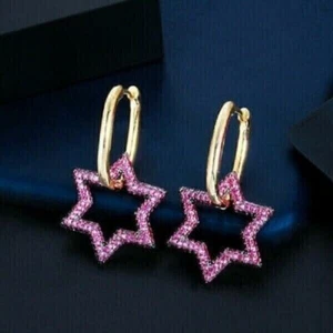 1Ct Round Simulated Pink Ruby 14K Yellow Gold Plated Star Drop/Dangle Earrings - Picture 1 of 3