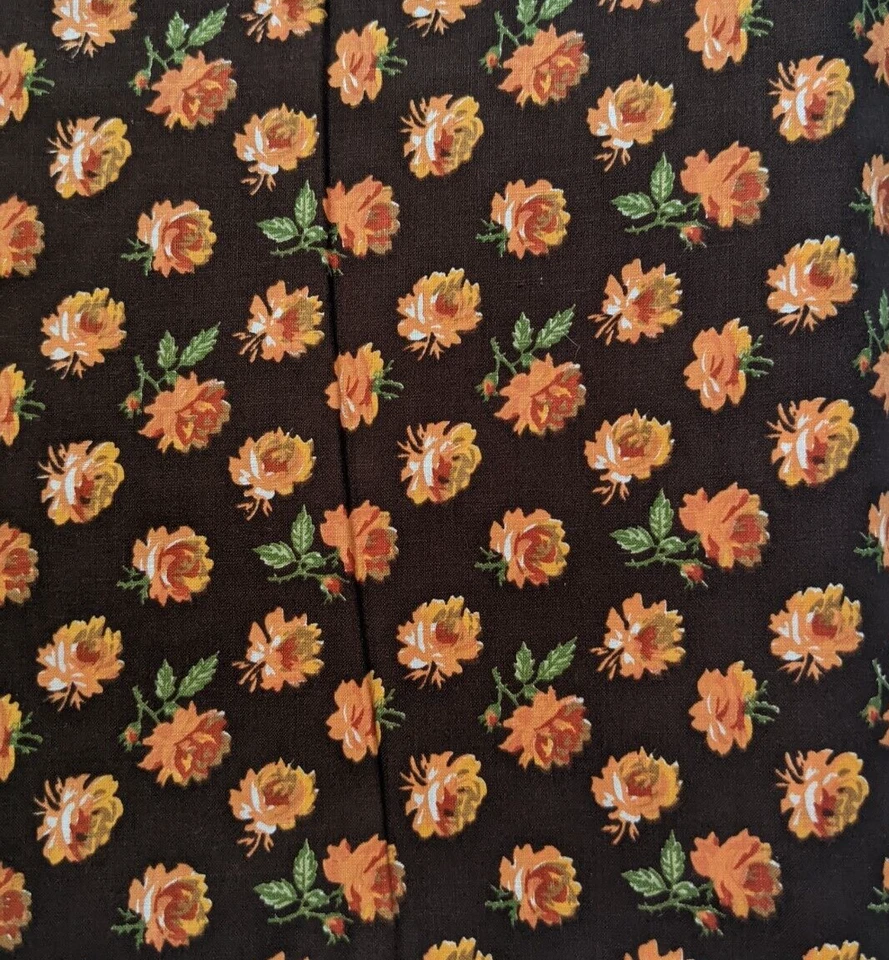 Vintage Mid-Century Floral Fabric Orange Rose Print Brown Background 44" by 2 YD - Image 1 of 4