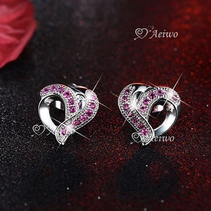 18K WHITE GOLD GF STUD MADE WITH SWAROVSKI CRYSTAL LOVE HEART PINK EARRINGS - Picture 1 of 3