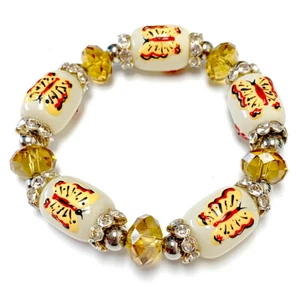 Butterfly Bracelet Woman Stretch Handmade Glass Beaded Bracelet Yellow Spring - Picture 1 of 3