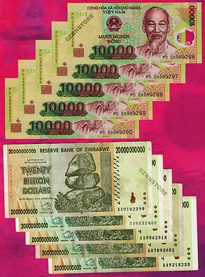 5 x 20 mil millones de dólares de Zimbabwe + 5 x 10,000 billetes de moneda Dong de Vietnam en muy buen estado Foto 1 de 3