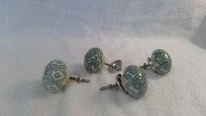 Set of 4 Ceramic Drawer or Cabinet Knobs, White w/Green Design, Sterling Screws - Picture 1 of 3