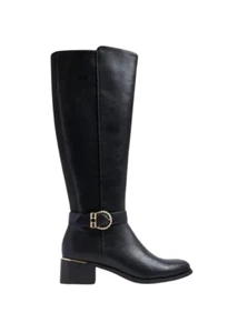 Damen Frauen Kniehoch Blockabsatz Reißverschluss Biker Reitstiefel Schwarz Größe 3-8 - Bild 1 von 6