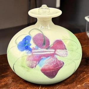 Kent Follette Kunstkeramik Öllampe ohne Docht grüne Blumen Louisiana Künstler signiert - Bild 1 von 12