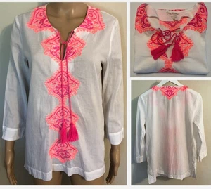 Lilly Pulitzer White Embroidered Tunic Top Sz M Boho Tassels 100% Cotton - Picture 1 of 15
