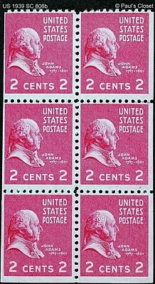 US ADAMS 2¢ BOOKLET PANE OF 6 MINT NEVER HINGED ORIGINAL GUM SC 806b VFINE - Image 1 of 2