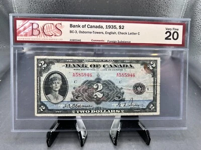 1935  Canada $2 Bank Note English Graded BCS VF-20 SN#A585946 - Image 1 of 4