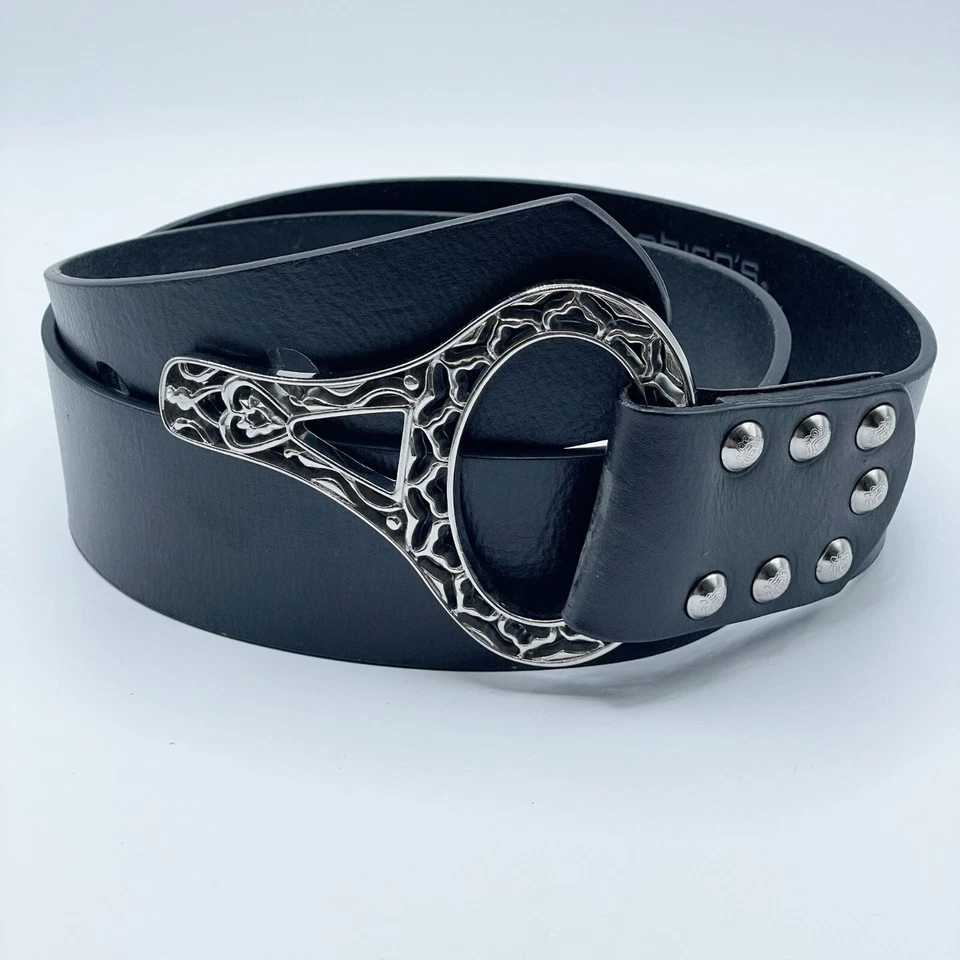 Cinturón de cadera de cuero negro ancho Chico's tono plateado hebilla grande para mujer Foto 1 de 4