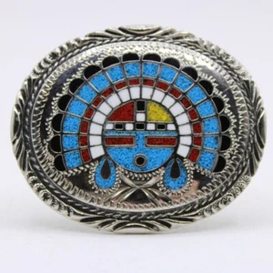 Vintage SSI Zuni Sun Face Turquoise Multi Gemstone Inlay 3" x 2.5" Stainless - Picture 1 of 11