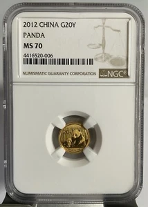 2012 China 1/20 oz .999 Gold panda coin 20 Yuan, NGC MS70 - Picture 1 of 3