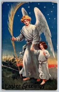 Angel Leading Child, Antique 1911 Easter Greetings Postcard Broken Circle Cancel - Picture 1 of 2