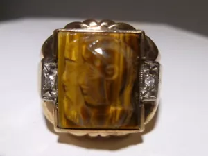 Carved Tiger's Eye Cameo Men Ring 10K gold Art Deco Greek Warriors Gods Diamonds - Picture 1 of 12