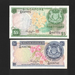 Singapore 1972 - $1 (AU) + $5 Dollars (XF-EF) Banknotes