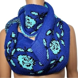 Betsey Johnson "Vintage Rose" Pattern Royal Blue & Aqua Knit Infinity Scarf Y2K - Picture 1 of 12