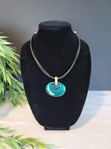 CHICO'S 16" -20" Tyanne Teal Green Pendant Necklace Gold Enamel Black Cord BOHO - Picture 1 of 8