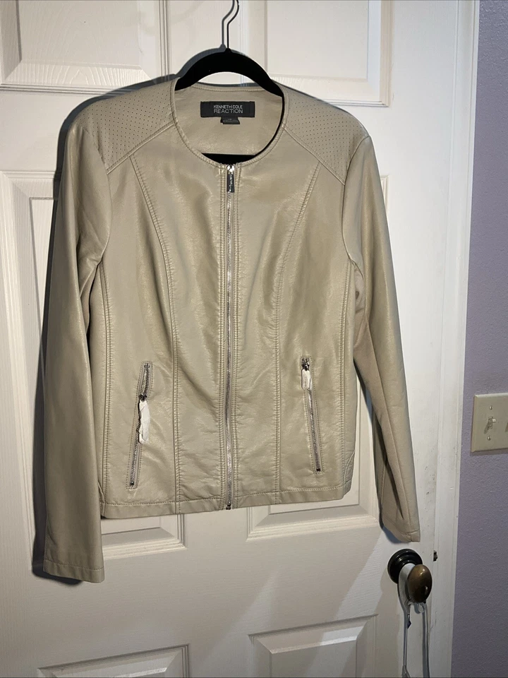 Kenneth Cole Reaction女式米色人造皮革拉链摩托车夹克/衬里 — 第 1/4 张图片