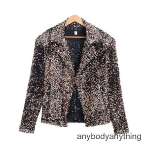 Men Glitter Sequin Motorcycle Biker Jacket Oblique Zip Coat Dinner Party Fashion - Picture 1 of 26