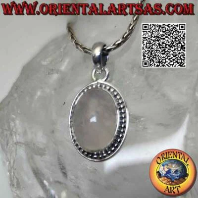 Ciondolo in argento 925‰ quarzo rosa ovale cabochon contornato da una fila di mi - Immagine 1 di 4