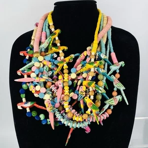 6 Parrot Necklace Wooden Hand Carved Beads & Hand Painted Birds VINTAGE 80's - Picture 1 of 15