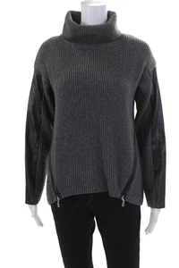 Milly Womens Long Sleeve Double Zip Leather Trim Turtleneck Sweater Gray Small - Picture 1 of 6