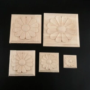 Wooden Carved Appliques Onlays Unpainted Solid Wood Square Carvings Decals Decor - Picture 1 of 12