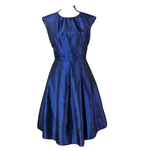 LESLIE FAY 50s Style Party Dress 6 Full Skirt Box Pleat Dark Blue Shimmer WOW - Picture 1 of 7