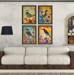 4 Prints Abstract Bird Painting on Flat Rolled Canvas, Vibrant Wall Art Decor - Picture 1 of 3
