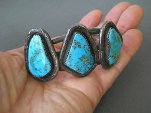 Bracciale argento sterling 3 pietre turchese Navajo nativi americani calibro pesante - Foto 1 di 8