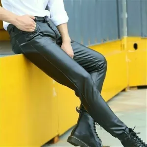 Herren Kunstleder Hose Schwarz PU Leggings Stretch Lack-Optik Hose Slim Fit - Bild 1 von 7