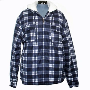 Heavy Thick Flannel Blue Plaid Jacket Sherpa Fleece Lined Hoodie Men's Large - Picture 1 of 6