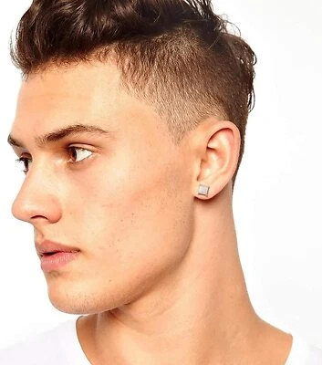 MASCULINE Earrings for Men BUTCH 18k White Gold Plated CZ Opal Square Cut BLING - Image 1 of 4