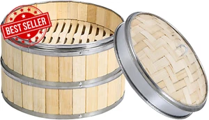 Bamboo Steamer with Cloth Mat,Bamboo Steamer 1/2 Layers with Stainless Steel Edg - Picture 1 of 12