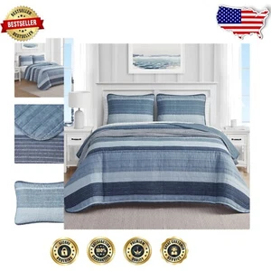 Set trapunta King a righe in blu Ridgeport - cotone elegante comfort per tutte le stagioni - Foto 1 di 12