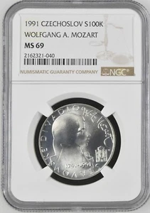 1991 CZECHOSLOVAKIA Silver 100 Korun,- NGC MS69 - Wolfgang Mozart - Picture 1 of 2