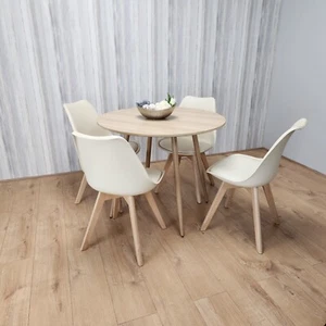 Round Oak Effect Kitchen Dining Table With 4 Cream Tulip Chairs Table Set - Picture 1 of 12