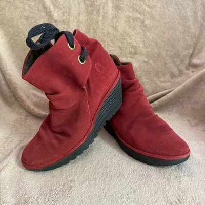 Fly London Women's Yama Suede Deep Rust Ankle Boots Tie Back Wedge Sz 8-8.5 /39 - Image 1 of 4