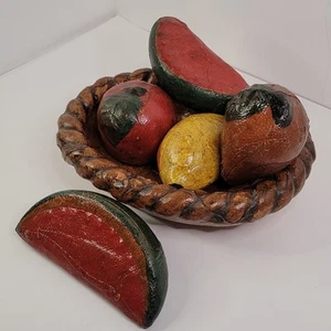 Vintage Hand Crafted Painted Leather Fruit Bowl with 6pc Fruit MCM Table Scape - Picture 1 of 23