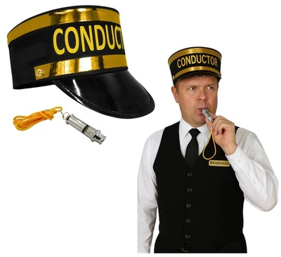Train Engineer Conductor Hat And Whistle Set Costume Accessory Black & Gold - Image 1 of 4