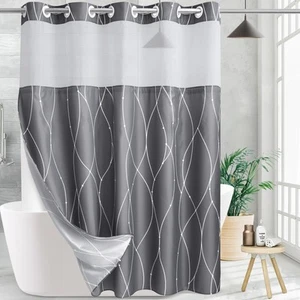 Grey White Striped Fabric Shower Curtain with Snap in Removable Liner for Bat... - Picture 1 of 7