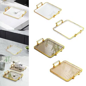 Serving Tray with Handles Rectangle Easy to Clean Gold Trim Decorative Tray for - Picture 1 of 29