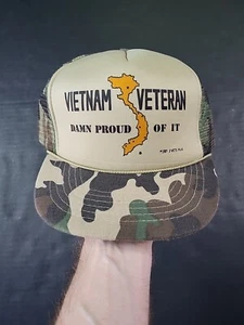 Vintage Vietnam Veteran 'Damn Proud Of It' Camo Trucker Snapback Mesh Hat Cap - Picture 1 of 10