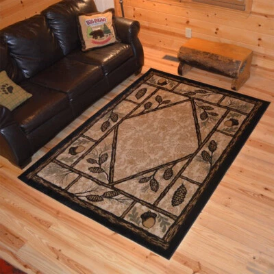 8x10 Cabin Pinecone Leaves Rustic Lodge Area Rug  - Image 1 of 3